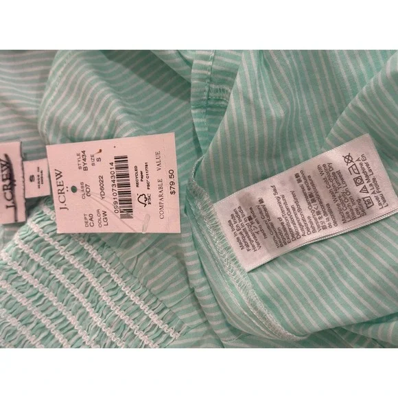 NWT J.Crew Womens Top Size S Green White Striped Smocked Puff Sleeve Blouse - Picture 6 of 6